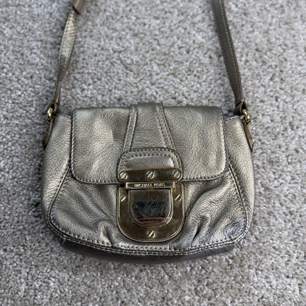 Michael Kors Crossbody Bag Womens Small Gold Leather Push Lock Shoulder Purse